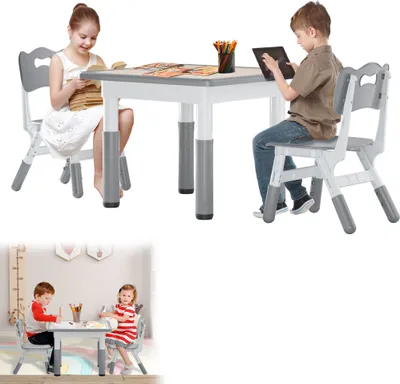 Produktbild von LARS360 Kindertisch-Set aus Kunststoff, 60x60 cm, höhenverstellbar, grauer Tisch mit 2 Stühlen, Kindermöbel Sitzgruppe für Kinderzimmer/Kindergärte