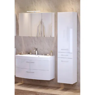 Produktbild von Badmöbel Set FLORIDO-03 Hochglanz weiß, Waschtisch mit 2 Auszügen, LED-Aufbauleuchte, Hochschrank, B x H x T: ca. 155 x 200 x 47 cm