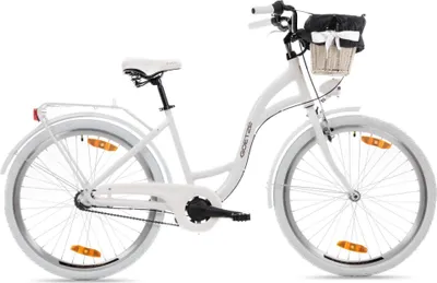 Produktbild von Goetze Style 26 Zoll City Bike, 43 cm Rahmen, 3-Gang Shimano Nexus, Rücktrittbremse & V-Bremse, LED-Beleuchtung, Gepäckträger, Rattankorb mit Bezug