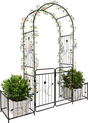 Immagine prodotto di Relaxdays Arco per rose in metallo, arco a tutto sesto con cancello e 2 fioriere, LxPxA: 220x202x50 cm, arco da giardino, cancello per rose, nero