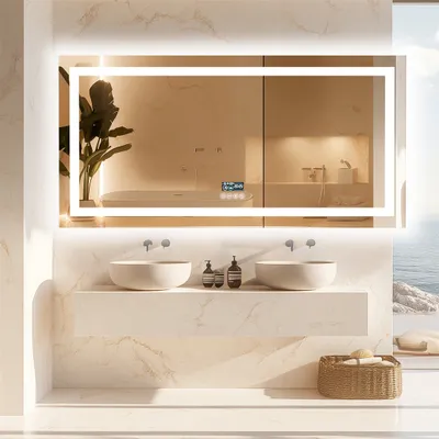 A modern bathroom with a large illuminated mirror above two sinks.