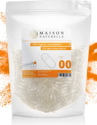 Produktbild von MAISON NATURELLE® Vegane Leerkapseln Gr. “00“ (1000 Stück) – leere Kapseln zum Befüllen - aus HPMC hergestellt aus Kieferfaser - Non-GMO, Project V-Label, Kosher und Halal .
