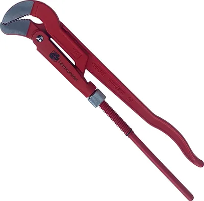 A red pipe wrench is shown against a white background.