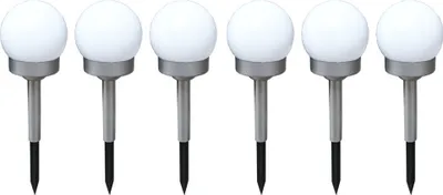 Six solar-powered LED stake lights with spherical white lamps and silver stakes are arranged in a row against a white background.