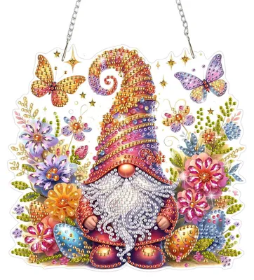 Produktbild von 5D Diamond Painting Anhänger Oster Zwerg mit Kette, Fensterbild Blumen Kristall Art Hängend für Wanddekor