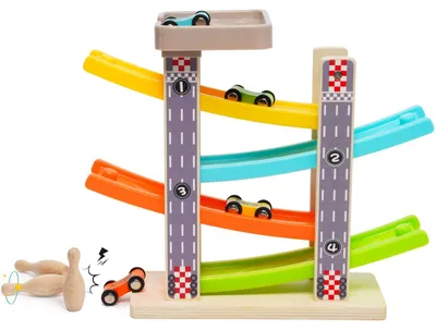 Produktbild von Holz-Kugellaufbahn, Rennstrecke – Zickzack-Verlauf – 4 Autos und 3 Bowlingkugeln – Parkplatz