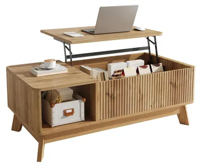 Produktbild von Couchtisch mit Hubfunktion Wellenoptik modernes Design MDF offenes Fach Wohnzimmer