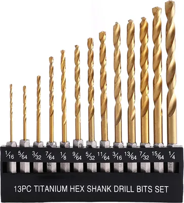 Produktbild von Titan-beschichtetes Bohrer-Set - 13 Stück, Sechskantwellen-Bohrer aus Schnellstahl für Holz, Kunststoff, Aluminiumlegierungen, Schnellwechselsystem, 1/16 - 1/4 Zoll