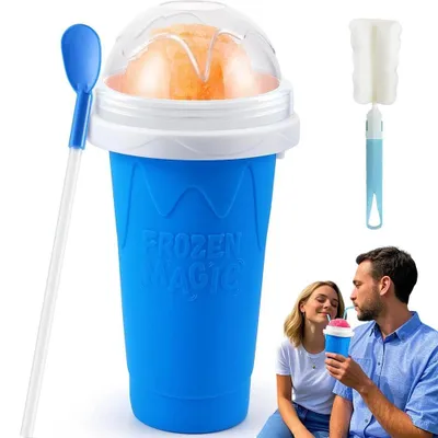 Produktbild von 350 ml Slushy Becher aus Silikon mit Kühlflüssigkeit und Strohhalm-Löffel Set