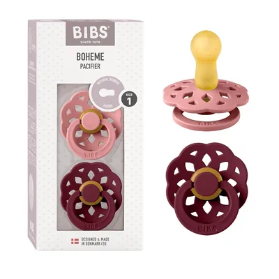 Produktbild von BIBS Boheme Schnuller 2er-Pack. BPA-frei, Kirschform Nippel. Naturkautschuk / Latex, Hergestellt in Dänemark, Größe 1 (0-6 Monate), Dusty Pink / Elderberry