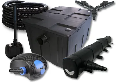 Immagine prodotto di Set completo SunSun: filtro per laghetti CBF-550 fino a 60000L, pompa per laghetti CTF-12000 12000l/h 100W, chiarificatore per laghetti CUV-272 72W, tubo per laghetti 25m 25 mm, fontana HJ-943 800l/h 16W, distributore Y