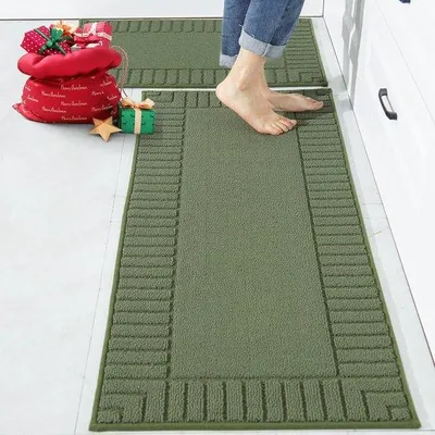Produktbild von Unyqoos® Antirutsch-Küchenläufer-Set, 2-teilig, waschbar, grün, Polypropylenfasern, rutschfeste TPR-Rückseite, 50 x 76 cm & 50 x 122 cm