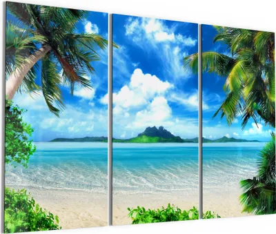 Produktbild von DEQORI Glasbild Echtglas 3x50x100 cm 'Einsamer Palmenstrand' Wandbilder XXL groß
