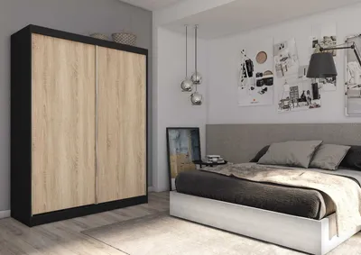 Produktbild von AGMAT Schwebetürenschrank Inari, Kleiderschrank mit 2 Türen, Moderne Garderobe in Farbe: Schwarz, Schrank in Größe: 160 x 216 x 61 cm