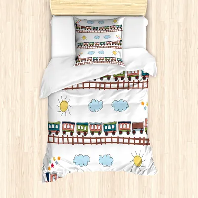 Produktbild von ABAKUHAUS Kindergarten Mantele, Cartoon-Zug Tracklines, Milbensicher Allergiker geeignet mit Kissenbezügen, 135 cm x 200 cm - 80 x 80 cm, Mehrfarbig