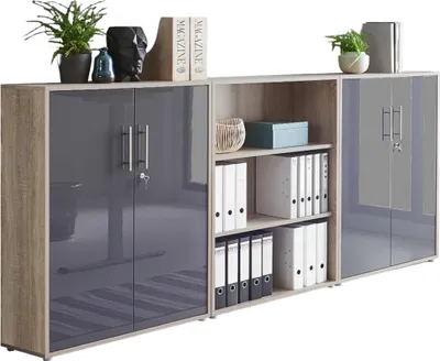 Produktbild von Aktenschrank TABOR 9 in Eiche Sonoma / anthrazit Hochglanz, Schrankwand, Büroschrank, abschließbar, Metallgriffe