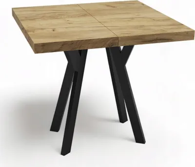 A square dining table with a wood-effect top and black metal legs, shown against a white background.