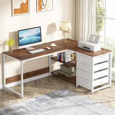 Obrázok produktu pre L-tvarový písací stôl so 4 zásuvkami a 2 policami, otočný, rozmer 150x110x75 cm, farba orechová a biela
