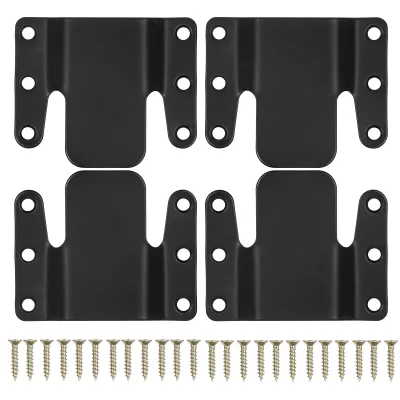 Four black sofa connectors and a row of screws are arranged on a white background.