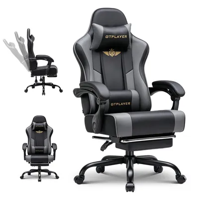 Produktbild von GTPLAYER Gaming Stuhl Chair Gamer Sessel - Ergonomischer Gamer Stuhl mit Fußstütze Kopfstütze und Lordosenstütz Höhenverstellbar Gamingstuhl grau
