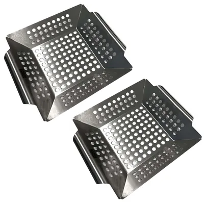 Produktbild von 2er Set Edelstahl Grillkorb 20 x 20 x 4 cm Grill Gemüsepfanne BBQ Lochpfanne Grillschale Grillrost Gemüsekorb