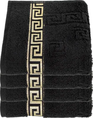 Produktbild von Arle-Living Handtücher, feinste Ringgarn Baumwolle, Schwarz, 50x90 cm, 500g/m², Hochflor Frottee, Jacquard, Medusa Flachprägung, goldene Bordüre, flauschig, saugfähig, hautsympathisch, Luxus, 4er Set, 60° Wäsche, Trockner geeignet, Made in Türkei