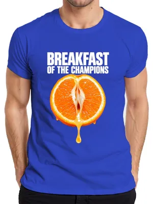 Immagine prodotto di Maglietta da uomo, blu, taglia 3XL, con scritta "Breakfast Of The Champions" e un'immagine che potrebbe essere interpretata in modo ambiguo, adatta a un pubblico adulto