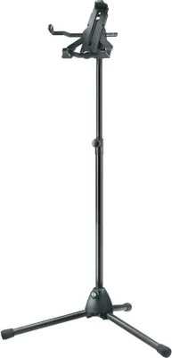 A black tablet stand on a white background.