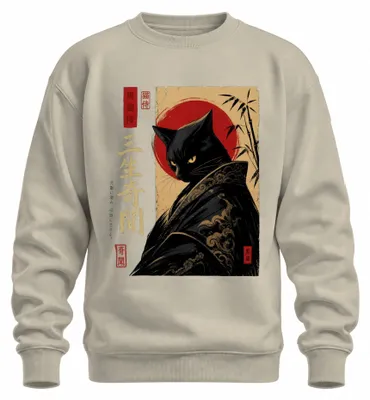 Obrázek produktu pro Černá kočka, samuraj, japonské umění, Japonsko, styl Y2K, mikina s kapucí, přírodní motiv, velikost XXL