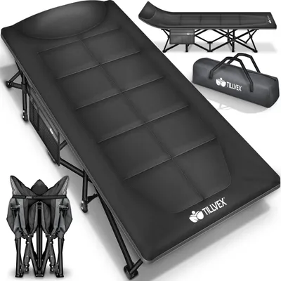 Produktbild von tillvex® Campingbett klappbar mit Tragetasche bis 200 kg | Campingliege extra breit | Feldbett Karpfenliege für Outdoor & Indoor | Klappbett Gästebett faltbar Garten Camping Angeln Festival Reise