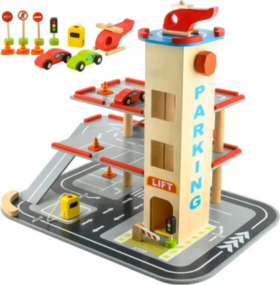 Image de Parking en bois - Parking en bois - Parking avec ascenseur - Stationnement - Accessoires inclus - 48x36x42cm