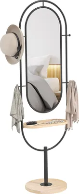 Image de HOMCOM Miroir sur pied ovale, grand miroir avec plateau en bois, 4 crochets et cadre en métal, pour chambre à coucher salon et dressing, 50 x 40 x 175,5 cm, noir