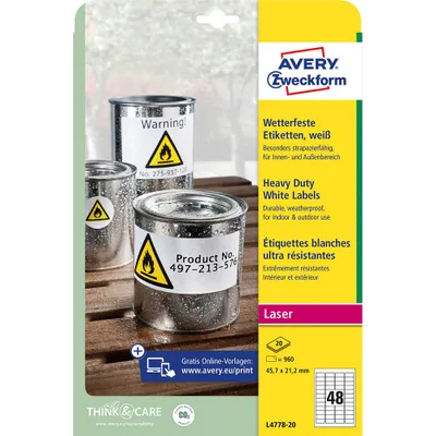 Produktbild von Avery Zweckform L4778-20 Wetterfeste Folien-Etiketten, 45,7 x 21,2 mm, wetterfest, 20 Blatt/960 Etiketten, weiß