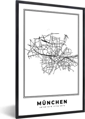 Produktbild von MuchoWow® Gerahmtes Poster Stadtplan - Deutschland - Schwarz und weiß - München - Karte 60x90 cm - Poster mit Schwarzem Bilderrahmen Wandposter Rahmen Foto Bilder - Kunst