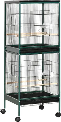 Image de PawHut Grande cage à oiseaux sur pied - volière double avec mangeoires perchoirs plateau amovible - roulettes - 51,5 x 50 x 140 cm vert noir