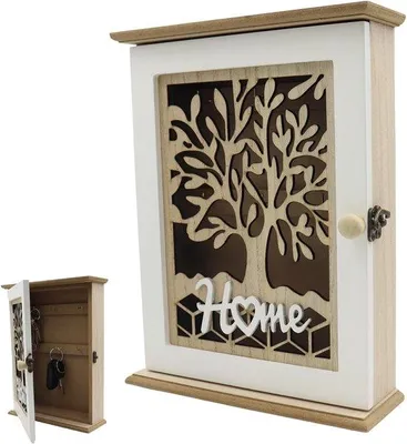 Productafbeelding van Houten sleutelkast vintage wit wandmontage met 6 sleutelhaken