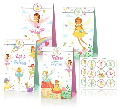 Zdjęcie produktu dla 12 torebek prezentowych z motywem wróżek, idealnych na przyjęcia dla dzieci