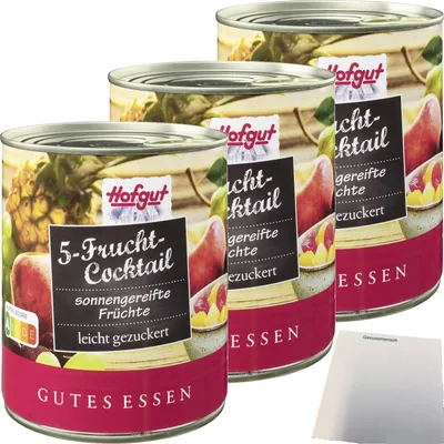 Produktbild von Hofgut 5-Frucht-Cocktail leicht gezuckert 3er Pack (3x850ml Dose) + usy Block