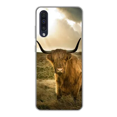 Produktbild von MuchoWow® Handyhülle Schutzhülle Hülle für Samsung Galaxy A30s Schottischer Hochländer - Sonne - Tiere Silikon Softcase Handy Hülle - Karteninhaber