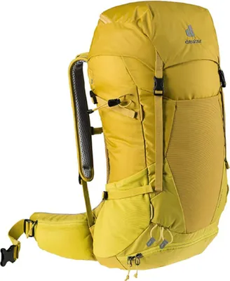 A yellow backpack against a white background.