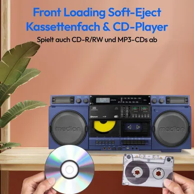 Obrázok produktu pre Kazetový magnetofón MEDION P66538 (retro ghetto blaster s CD prehrávačom, 80. roky, veľký, USB, SD, CD, kazetový MC, DAB+ rádiová teleskopická anténa, Bluetooth, kazetový deck, funkcia nahrávania, napájanie batériami)