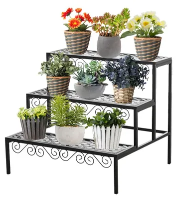 Produktbild von Dreistöckiges Pflanzenregal aus Metall, rechteckiges Pflanzenregal, Blumenständer für Garten, Balkon, Terrasse, für den Innen- und Außenbereich, schwarz