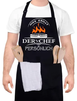 Immagine prodotto di Grembiuli da barbecue, grembiuli da cucina, grembiuli da chef. "Qui cucina lo chef in persona". Cotone, colore nero, modello da uomo