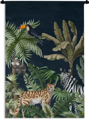 Produktbild von MuchoWow® Wandteppich Wandbehang Dschungel - Pflanzen - Tiere - Kinder - Flamingo - Zebra 90x135 cm Tapisserie Dekoration Wandtuch - Baumwolle - Wandskulptur