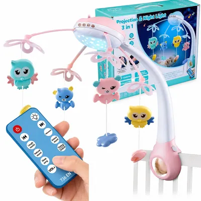 Image de Mobile musical pour lit 3 en 1 avec projecteur, veilleuse et télécommande – Jouet pour bébés