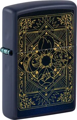 A close-up, studio shot of a Zippo lighter with an intricate elemental design.