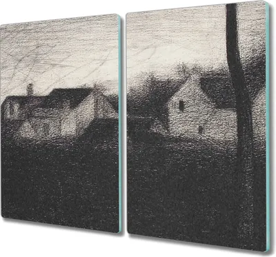 Produktbild von Coloray Herdabdeckplatte 2x30x52 cm Schneidebrett Kochplattenabdeckung Küchenbrett Hackbrett - Georges Seurat Landschaft Häuser