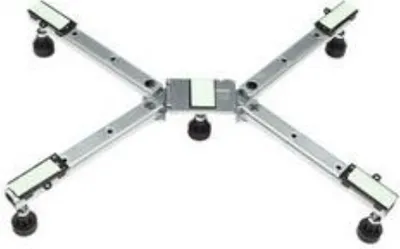 A silver adjustable shower tray support frame with black feet and white pads on a white background.