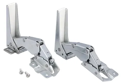 Two metal hinges with white plastic inserts are shown against a white background. Two small screws are also visible in the foreground.