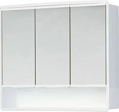 A white medicine cabinet with three mirrored doors and an open shelf below.